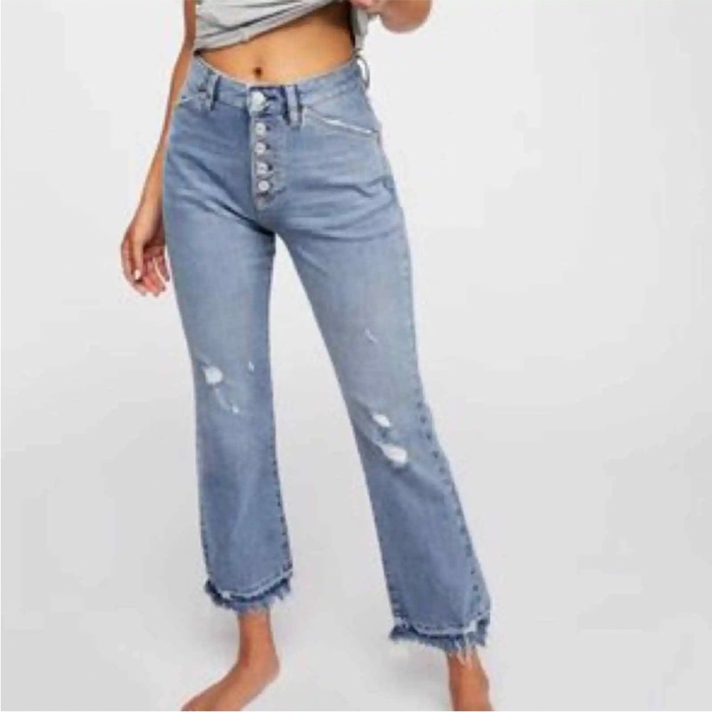 Free People Released Raw Hem Straight Leg Exposed Button High Rise Jeans 28